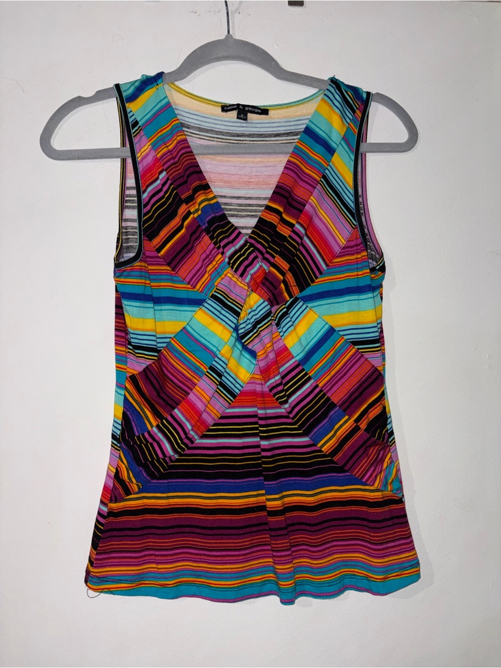Cable & Gauge Multi-Stripe V-Neck Twist Tank Top - Turquoise, Yellow, Pink